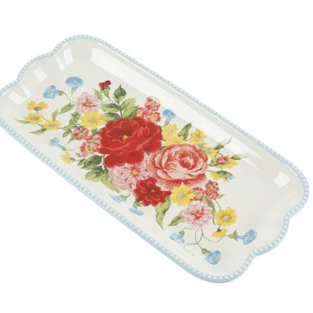 🩷 New Pioneer Woman Floral Medley Sweet Rose Serving Tray, Qty 1, Red and Blue